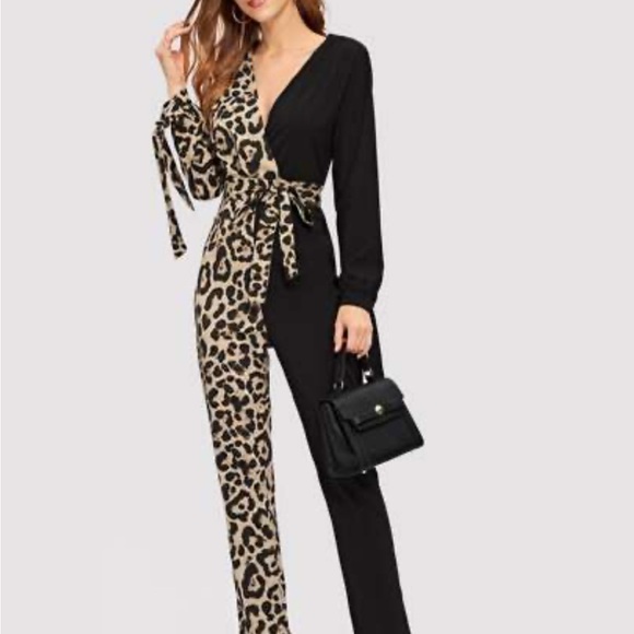 SHEIN Pants - New Leopard Contrast Belted Jumpsuit Size L